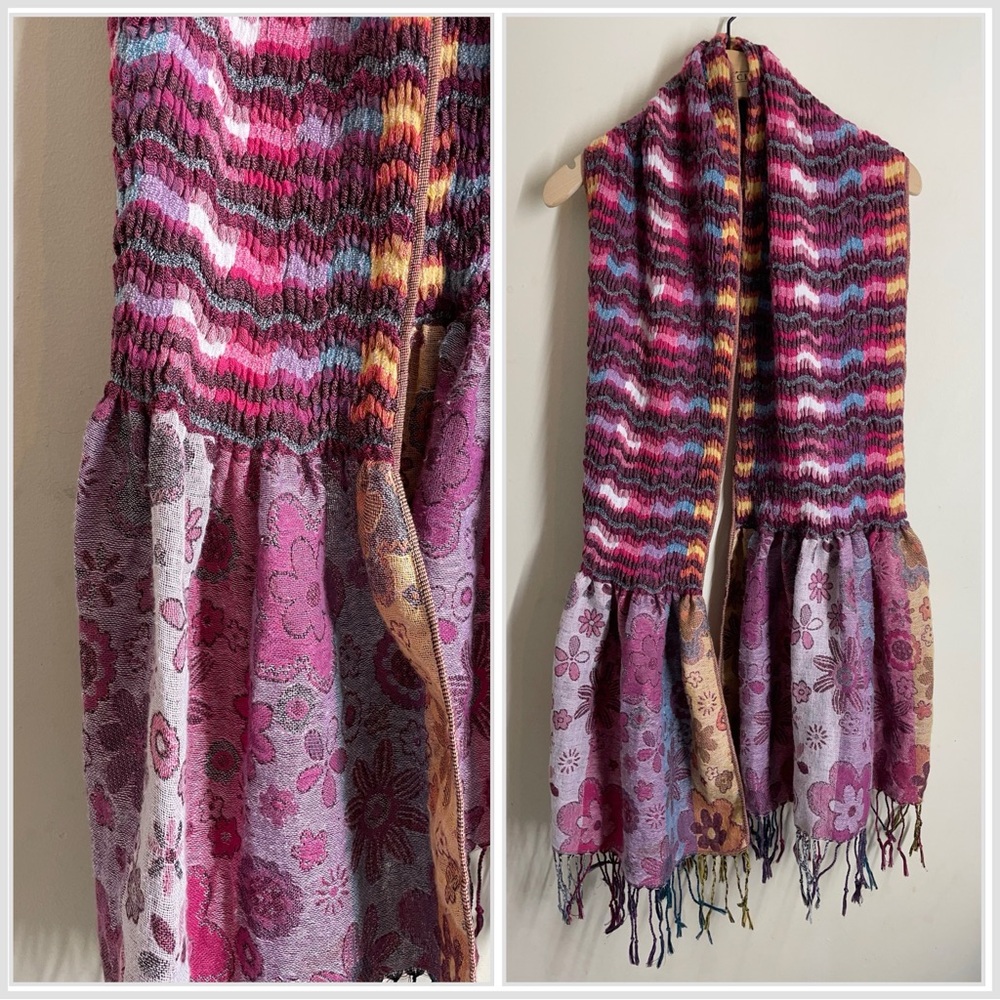 Boho Knit Jacquard Floral Ruffle Scarf Mixed Pattern Fringe Pink Multicolor